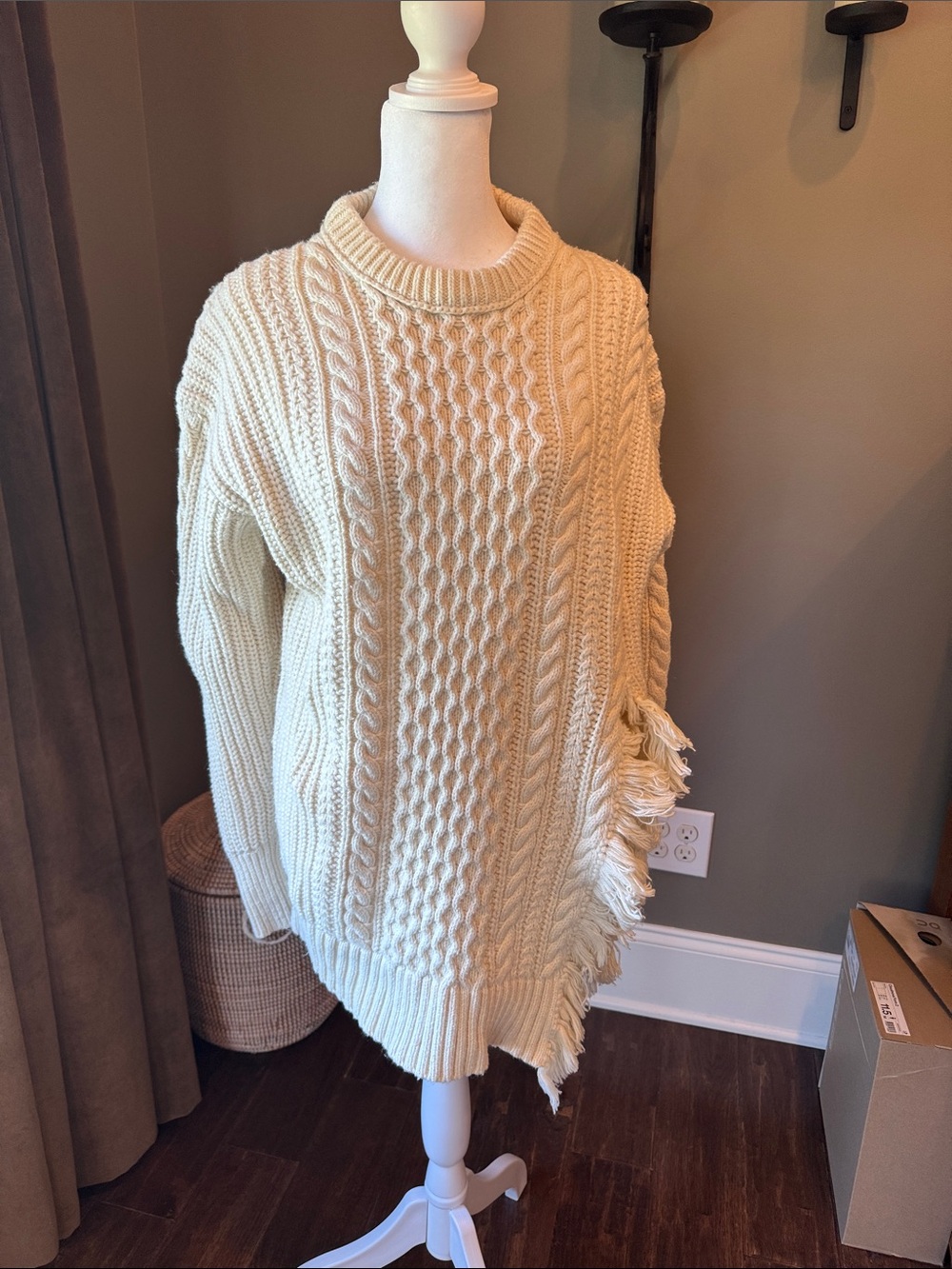 J.Crew Cable Knit Fringe Sweater Cream Ivory Merino Wool Blend Size Small